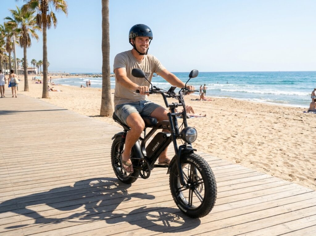 Um homem andando de bicicleta elétrica v9 max 1000w no calçadão da praia