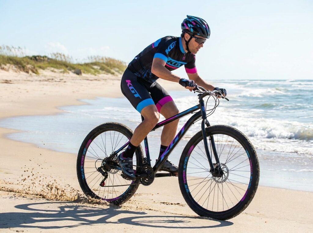 homem ciclista pedalando uma Bicicleta KGT Aro 29 na areia da praia